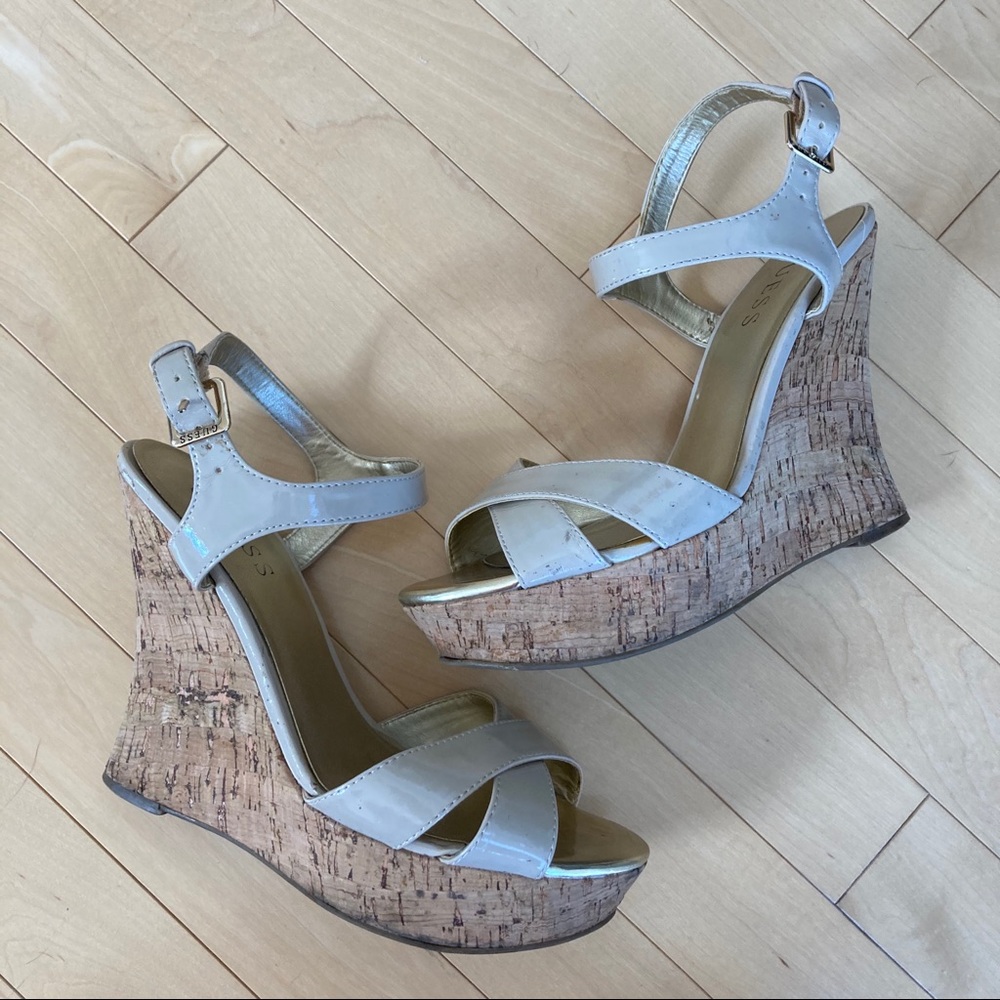 GUESS Strappy nude cork wedge heels